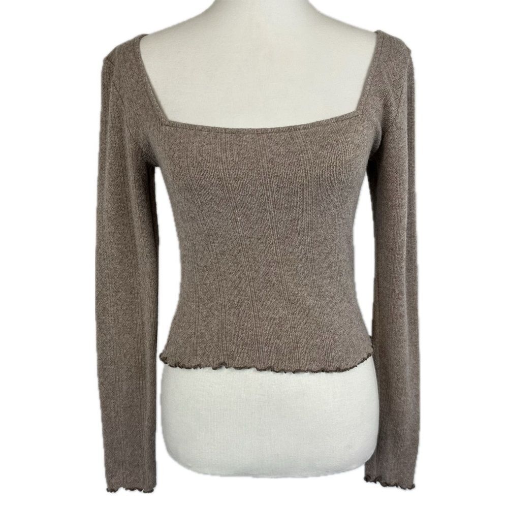 U O Mindy Pointelle Square Neck Sweater Top Sz L Soft Clean Girl Coquette Earthy